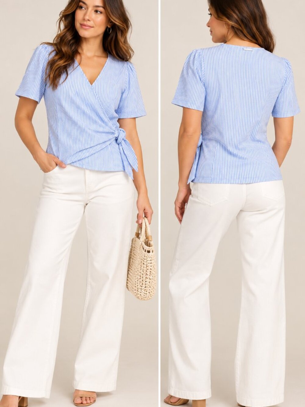 MICHAEL Michael Kors Blue White Striped Faux Wrap Tie Waist Top Size S